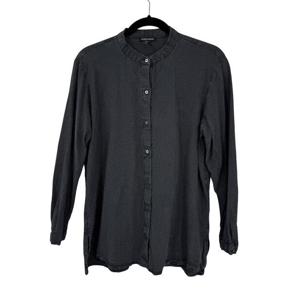 Eileen Fisher Medium Mini Check Crepe Mandarin Collar Top Gray Lyocell Classic - Picture 9 of 9
